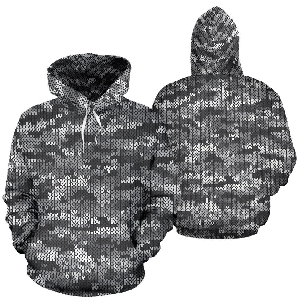 Knit Black White Camo Camouflage Print All Over Print Hoodie