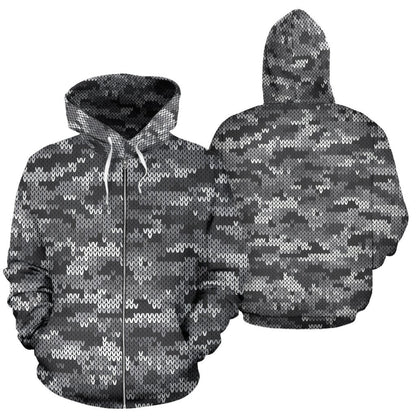 Knit Black White Camo Camouflage Print All Over Zip Up Hoodie
