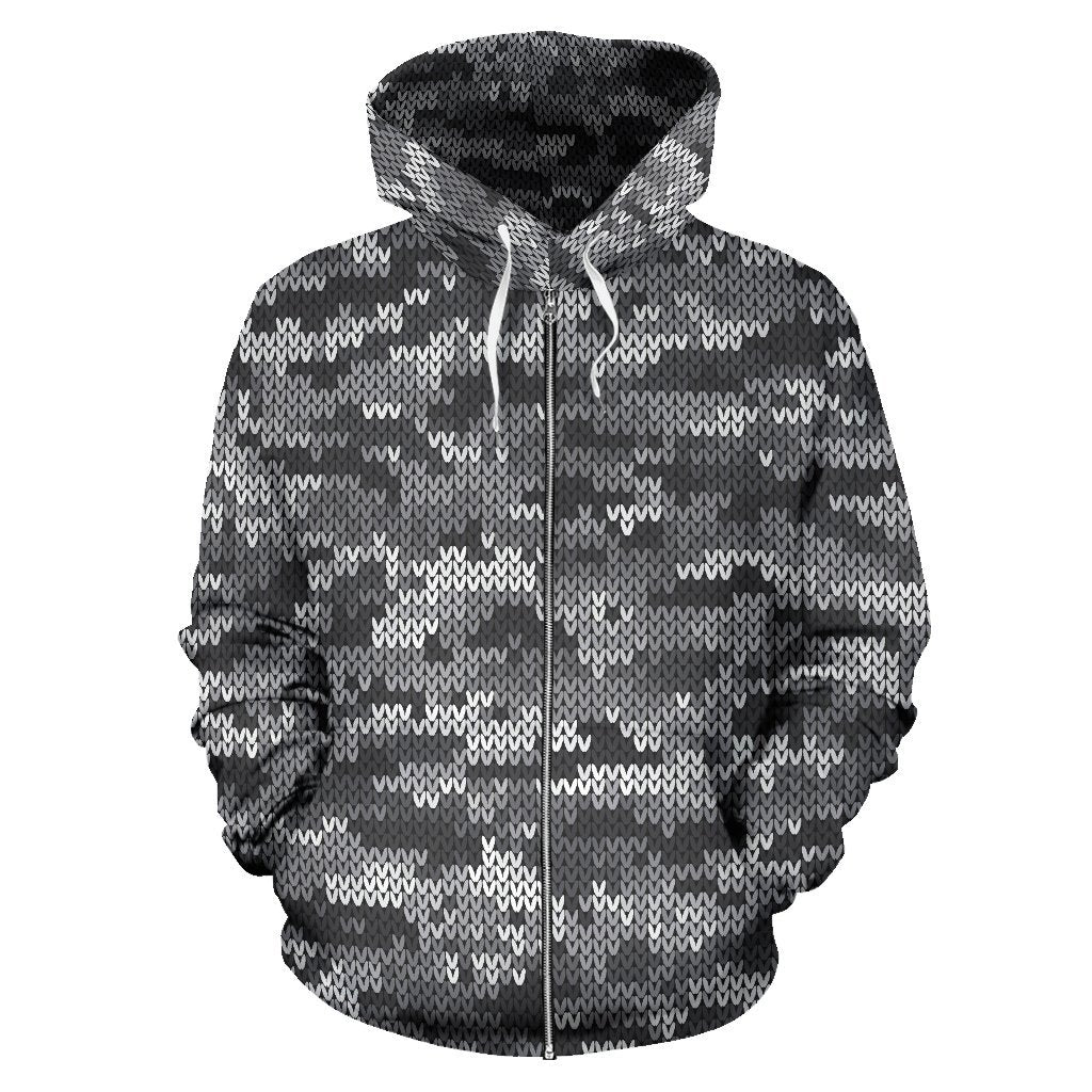 Knit Black White Camo Camouflage Print All Over Zip Up Hoodie