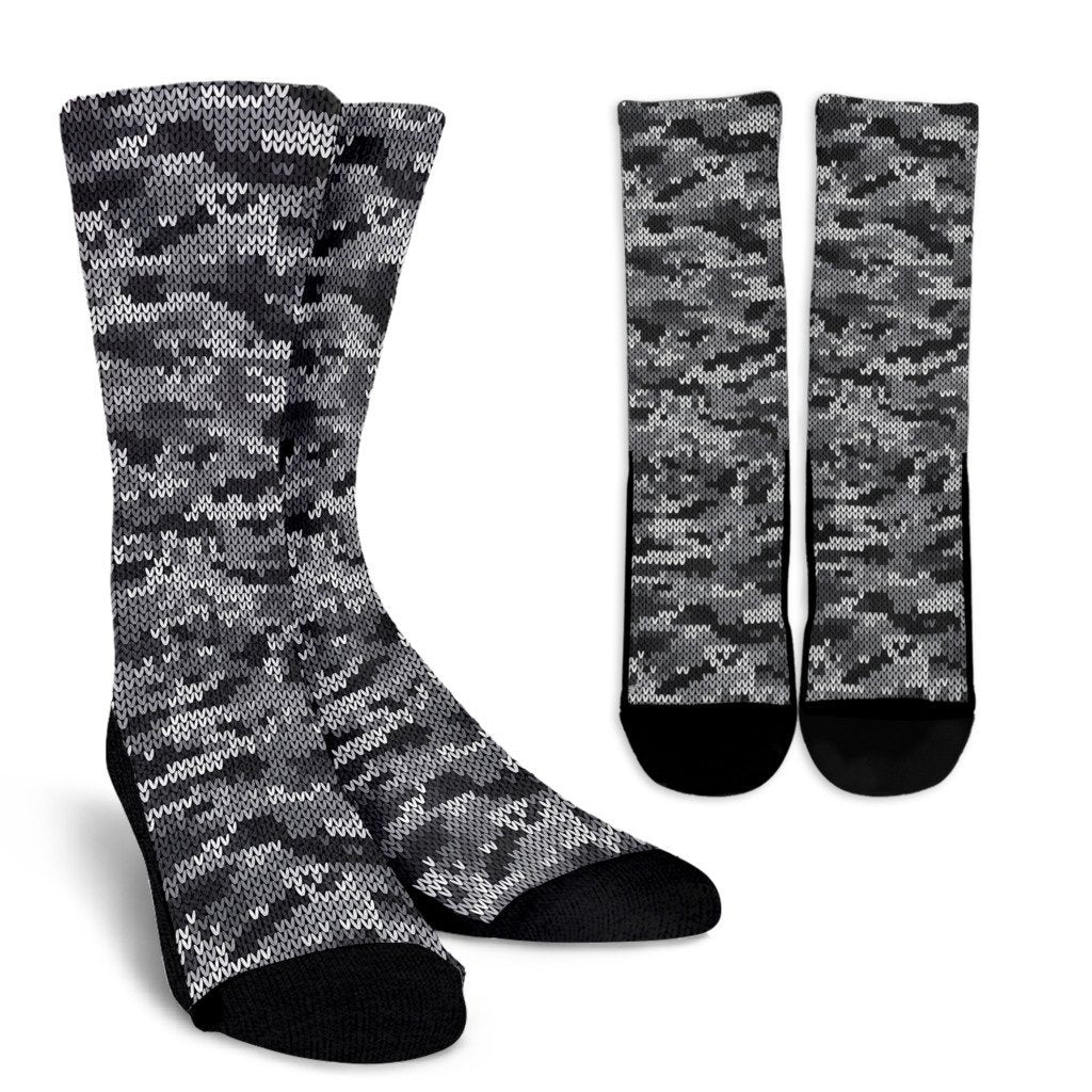 Knit Black White Camo Camouflage Print Crew Socks