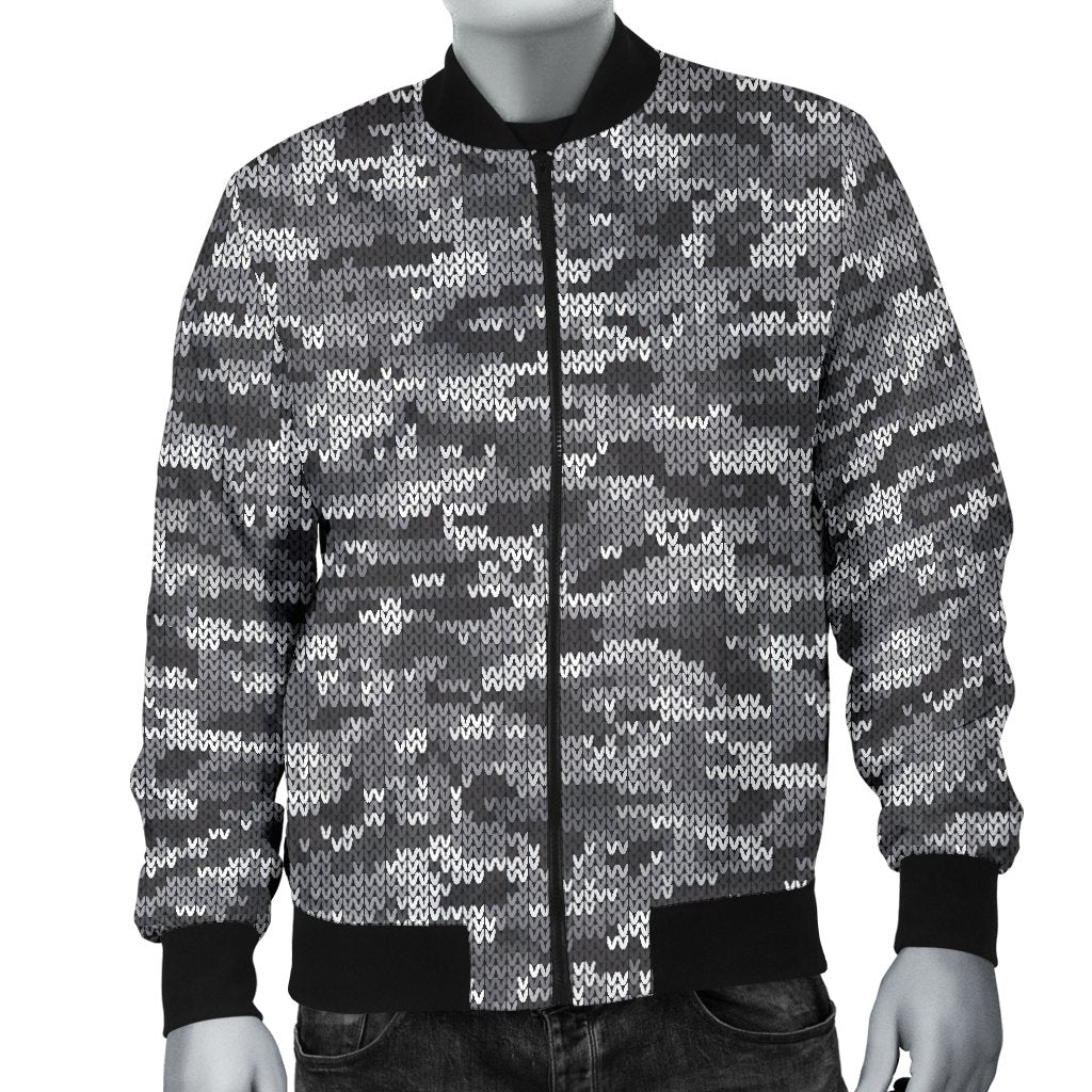 Knit Black White Camo Print Men Casual Bomber Jacket