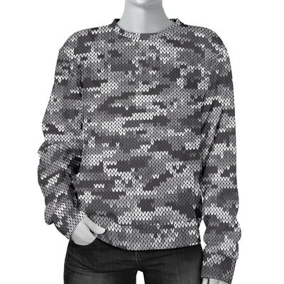 Knit Black White Camo Print Women Crewneck Sweatshirt