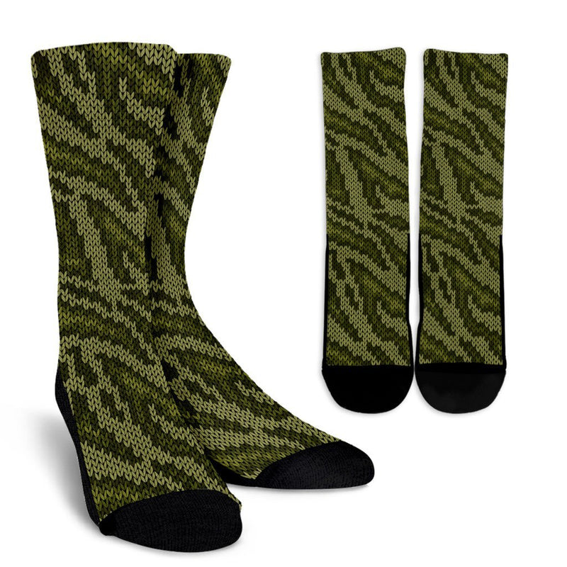 Knit Green Camo Camouflage Print Crew Socks