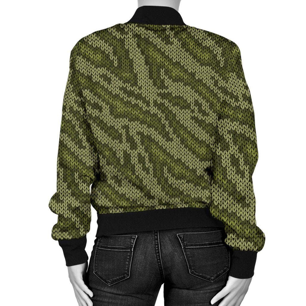 Knit Green Camo Print Women Casual Bomber Jacket