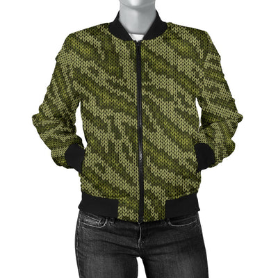 Knit Green Camo Print Women Casual Bomber Jacket