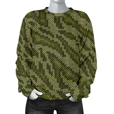 Knit Green Camo Print Women Crewneck Sweatshirt