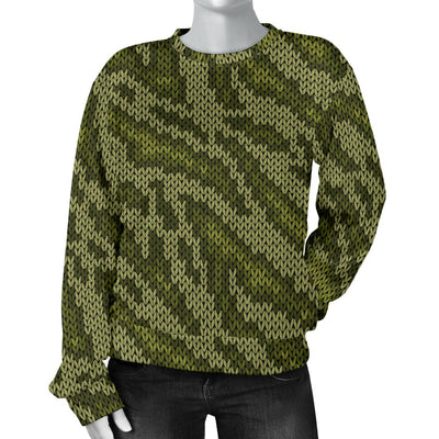 Knit Green Camo Print Women Crewneck Sweatshirt