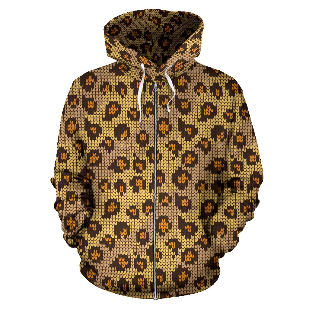 Knit Leopard Print All Over Zip Up Hoodie