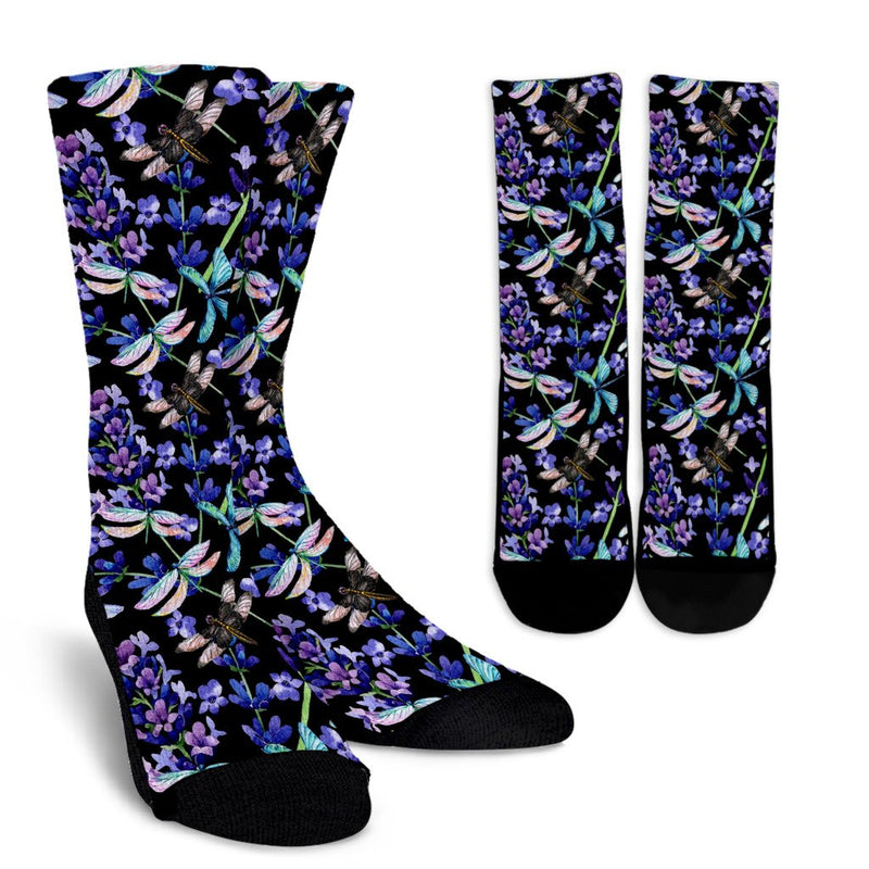 Lavender Dragonfly Pattern Print Design LV03 Crew Socks-JORJUNE.COM