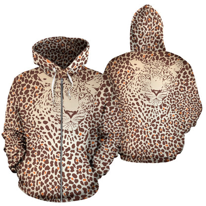 Leopard Head Print All Over Zip Up Hoodie
