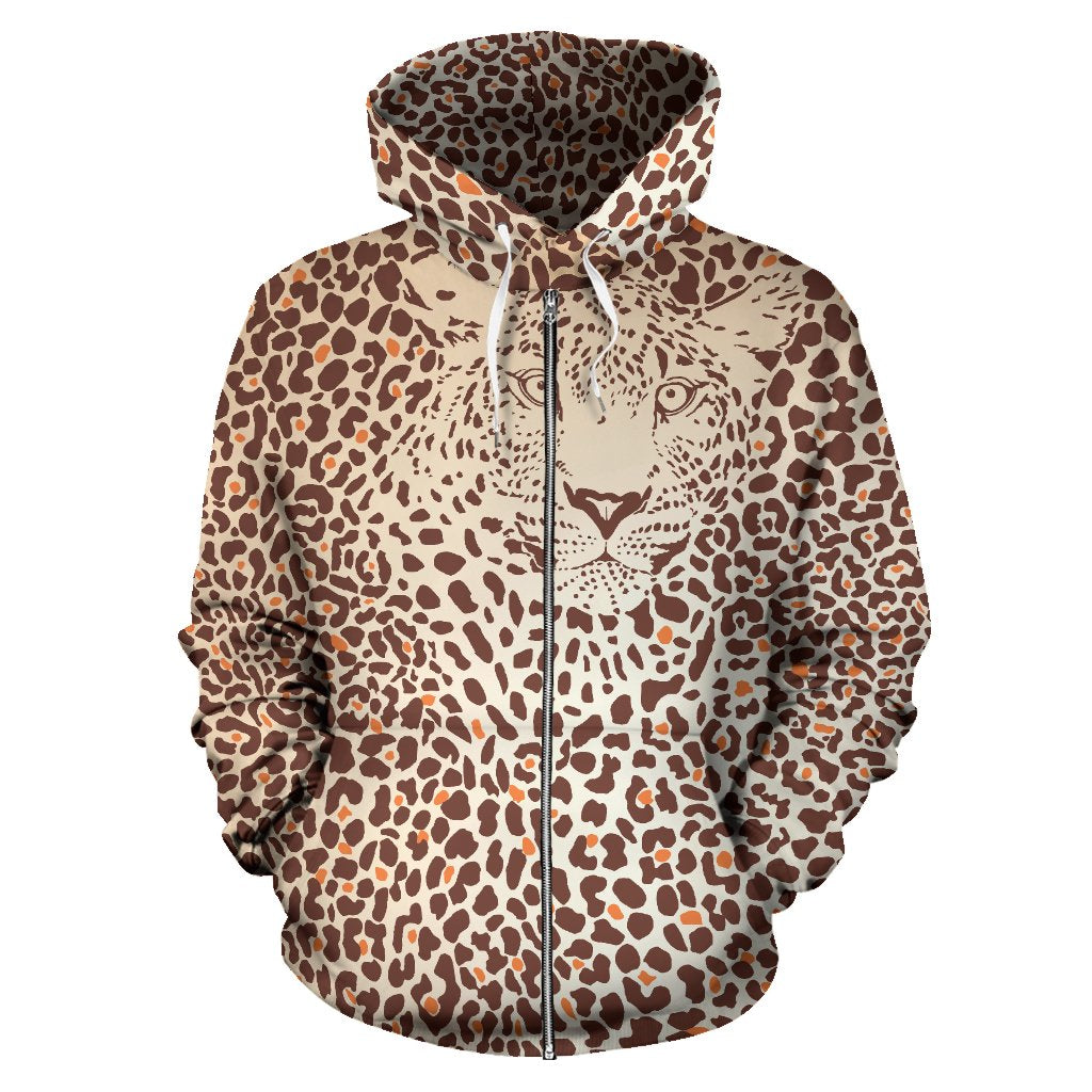 Leopard Head Print All Over Zip Up Hoodie