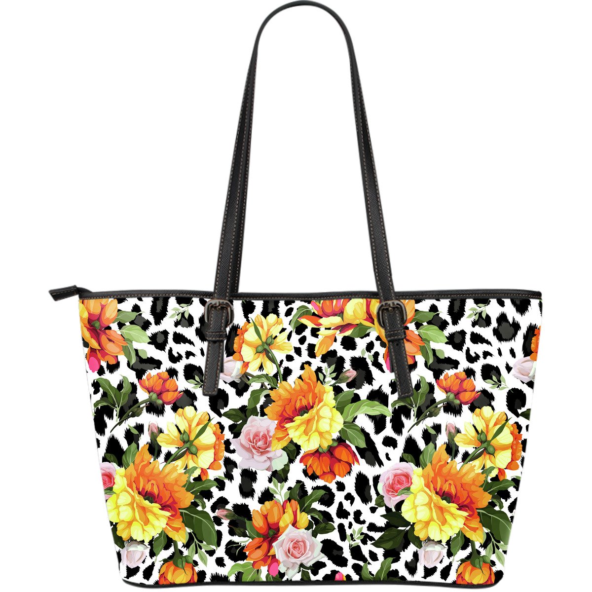 Leopard Orange Flower Large Leather Tote Bag