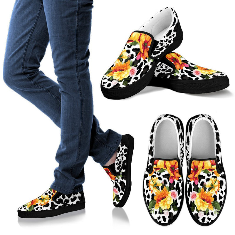 Leopard Orange Flower Men Canvas Slip On Shoes