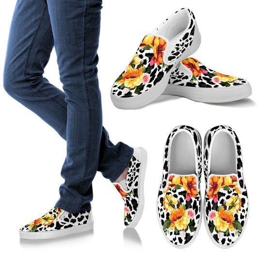 Leopard Orange Flower Men Canvas Slip On Shoes