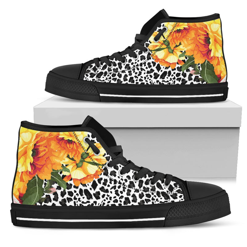 Leopard Orange Flower Women High Top Canvas Shoes