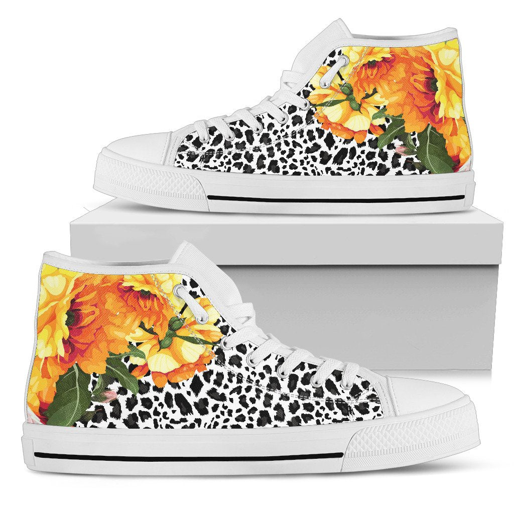 Leopard Orange Flower Women High Top Canvas Shoes