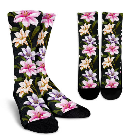 Lily Pattern Print Design LY01 Crew Socks-JORJUNE.COM