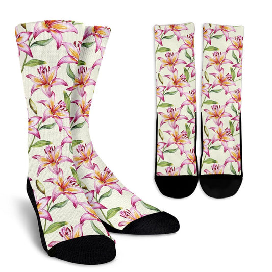 Lily Pattern Print Design LY011 Crew Socks-JORJUNE.COM