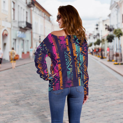 Line Tribal Aztec Off Shoulder Sweatshirt