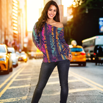 Line Tribal Aztec Off Shoulder Sweatshirt