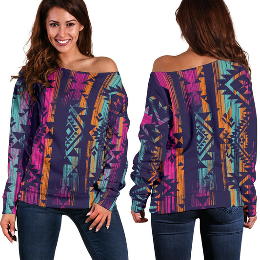 Line Tribal Aztec Off Shoulder Sweatshirt