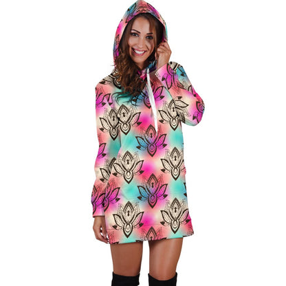 lotus Boho Pattern Print Design LO02 Women Hoodie Dress