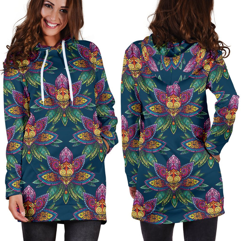 lotus Boho Pattern Print Design LO04 Women Hoodie Dress