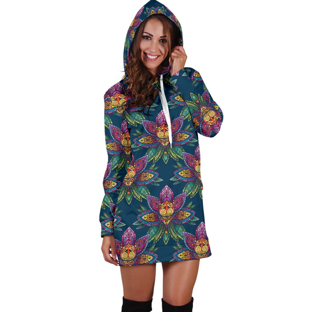 lotus Boho Pattern Print Design LO04 Women Hoodie Dress