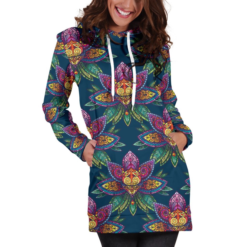 lotus Boho Pattern Print Design LO04 Women Hoodie Dress