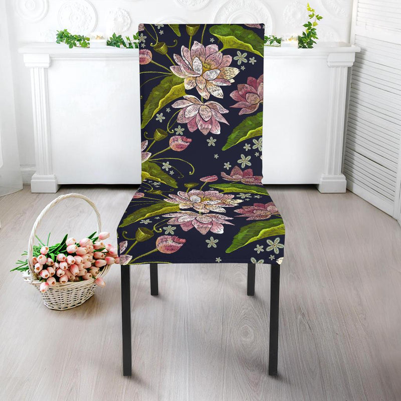 lotus Embroidered Pattern Print Design LO06 Dining Chair Slipcover-JORJUNE.COM