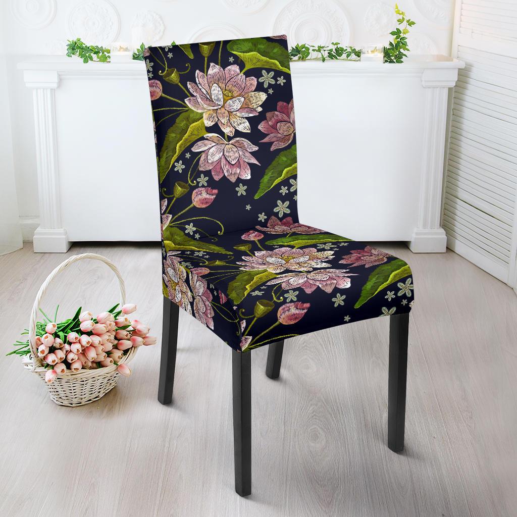 lotus Embroidered Pattern Print Design LO06 Dining Chair Slipcover-JORJUNE.COM