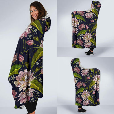 lotus Embroidered Pattern Print Design LO06 Hooded Blanket-JORJUNE.COM