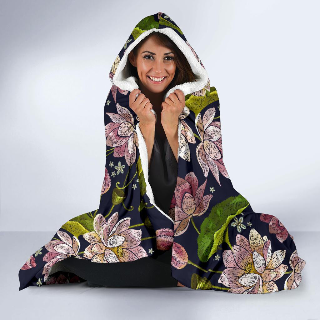 lotus Embroidered Pattern Print Design LO06 Hooded Blanket-JORJUNE.COM