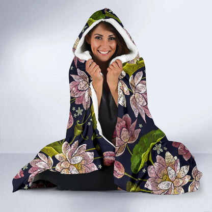 lotus Embroidered Pattern Print Design LO06 Hooded Blanket-JORJUNE.COM