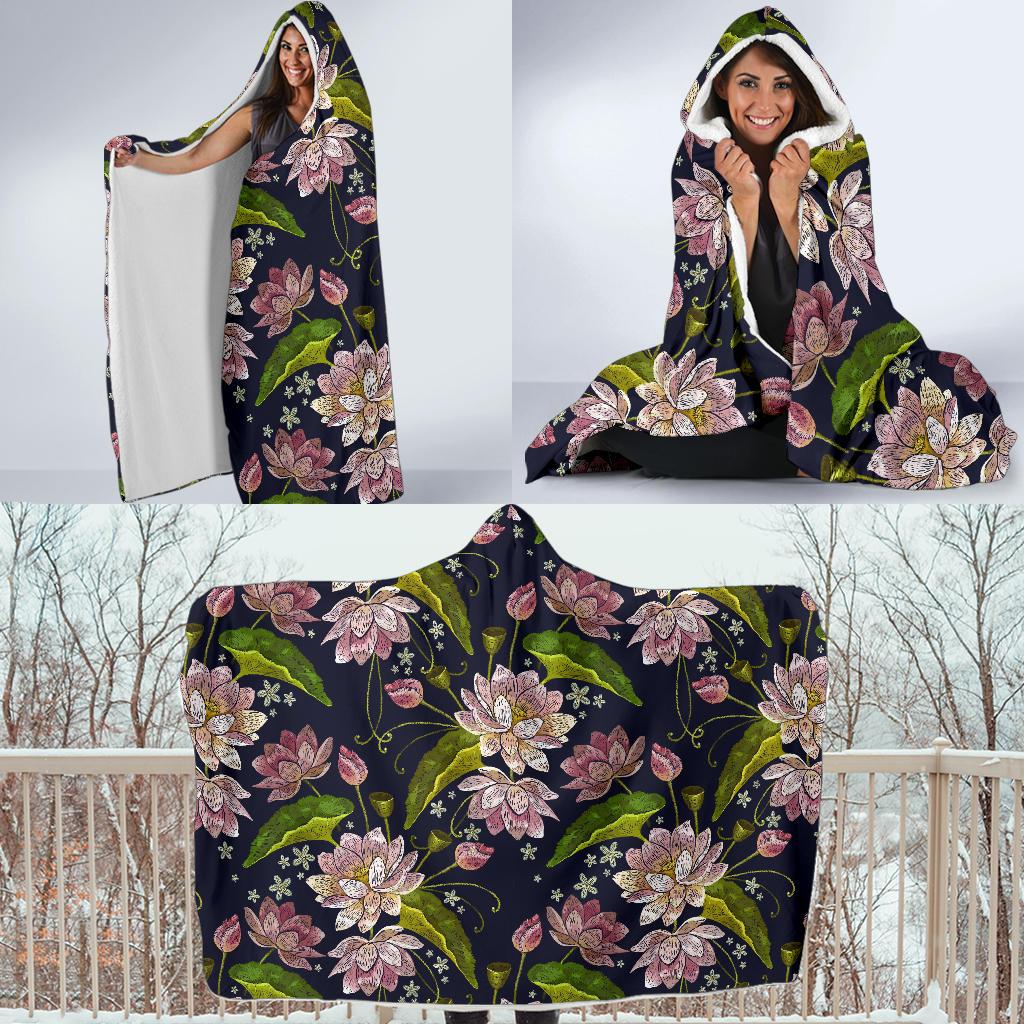 lotus Embroidered Pattern Print Design LO06 Hooded Blanket-JORJUNE.COM