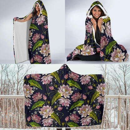 lotus Embroidered Pattern Print Design LO06 Hooded Blanket-JORJUNE.COM