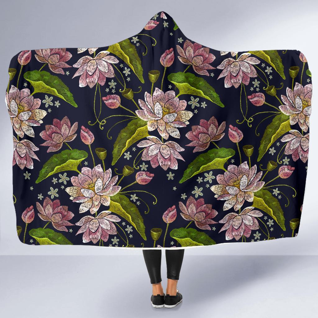 lotus Embroidered Pattern Print Design LO06 Hooded Blanket-JORJUNE.COM