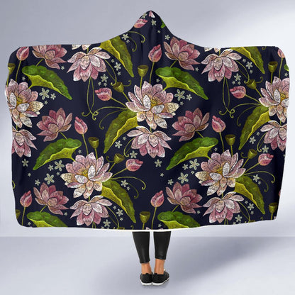 lotus Embroidered Pattern Print Design LO06 Hooded Blanket-JORJUNE.COM