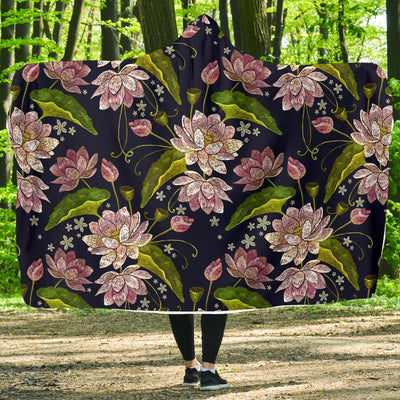 lotus Embroidered Pattern Print Design LO06 Hooded Blanket-JORJUNE.COM