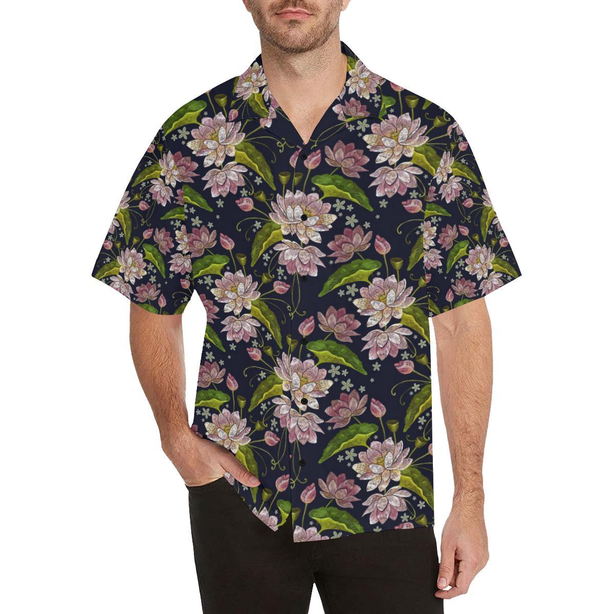 lotus Embroidered Pattern Print Design LO06 Men Hawaiian Shirt-JorJune