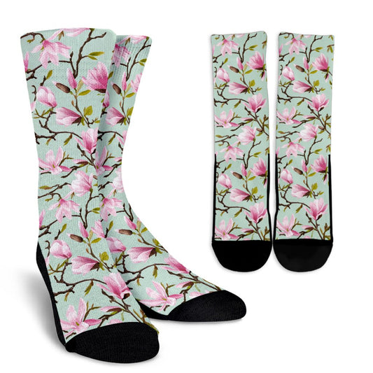 Magnolia Pattern Print Design MAG04 Crew Socks-JORJUNE.COM