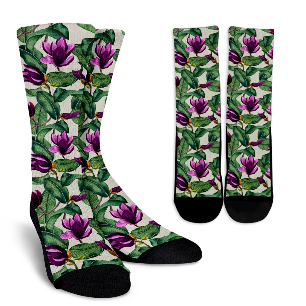 Magnolia Pattern Print Design MAG07 Crew Socks-JORJUNE.COM