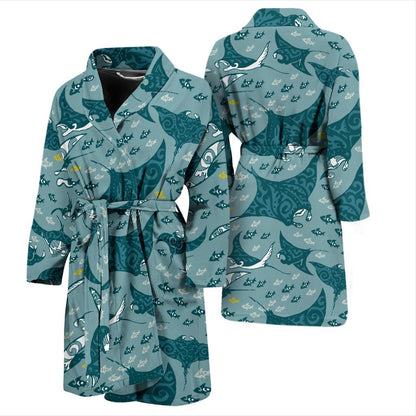 Manta Ray Tribal Pattern Print Design 03 Men Bathrobe-JORJUNE.COM
