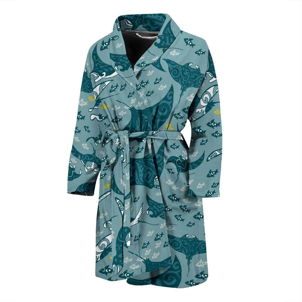 Manta Ray Tribal Pattern Print Design 03 Men Bathrobe-JORJUNE.COM