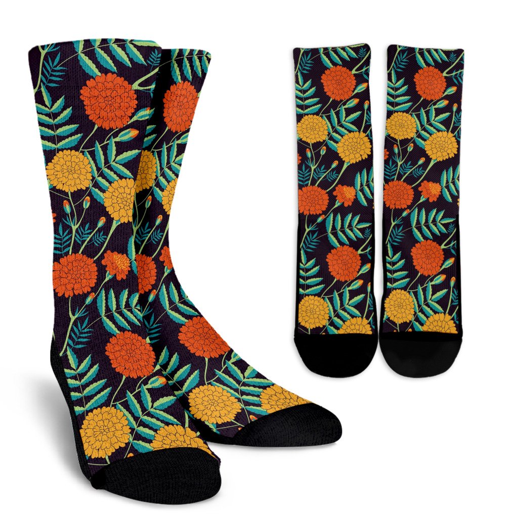 Marigold Pattern Print Design MR01 Crew Socks-JORJUNE.COM