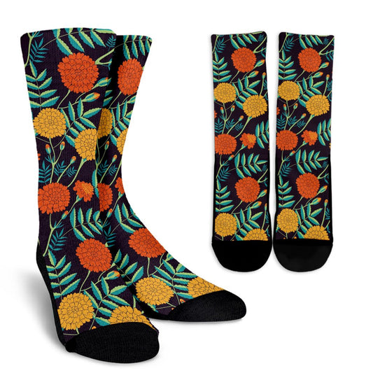 Marigold Pattern Print Design MR01 Crew Socks-JORJUNE.COM