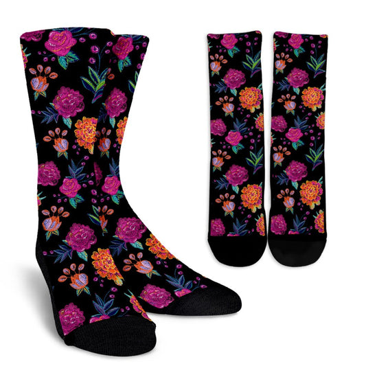Marigold Pattern Print Design MR02 Crew Socks-JORJUNE.COM