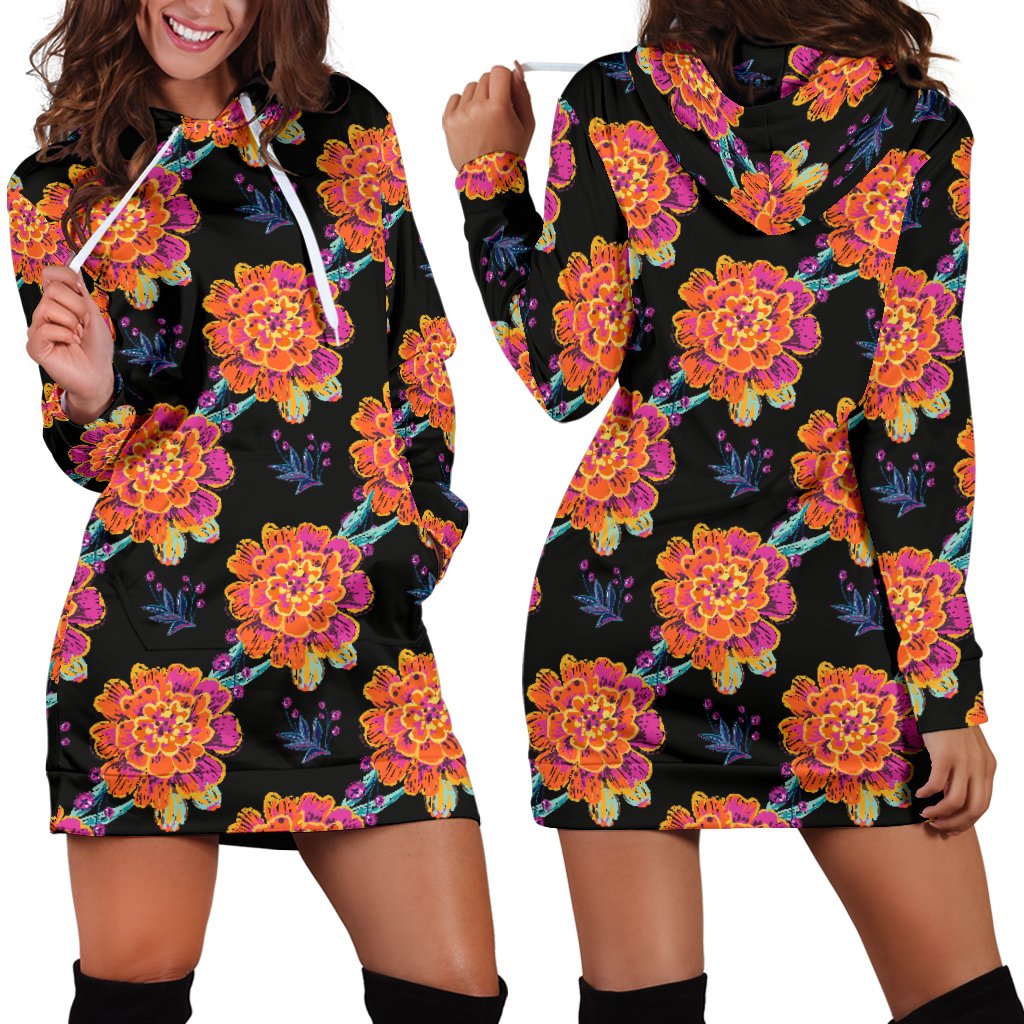 Marigold Pattern Print Design MR04 Women Hoodie Dress