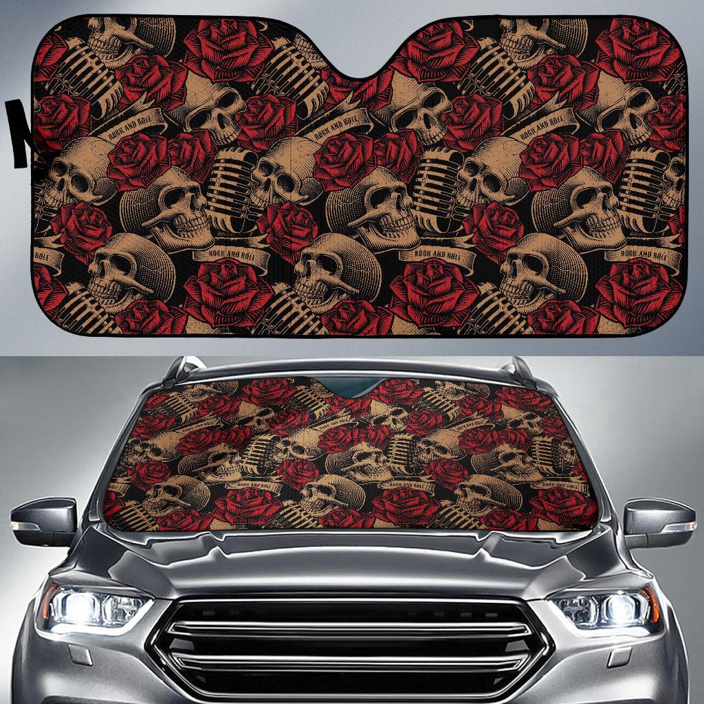 Microphone Skull Rose Pattern Print Design 02 Car Sun Shades-JORJUNE.COM