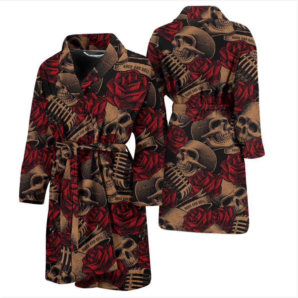 Microphone Skull Rose Pattern Print Design 02 Men Bathrobe-JORJUNE.COM
